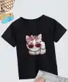 Kız Çocuk Bisiklet Yaka Baskılı T-Shirt - Siyah