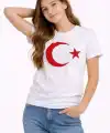 Kız Çocuk Tişört Bisiklet Yaka Ay Yıldız Bayrak Baskılı T-Shirt - Beyaz