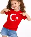 Kız Çocuk Tişört Bisiklet Yaka Ay Yıldız Bayrak Baskılı T-Shirt - Kırmızı