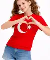 Kız Çocuk Tişört Bisiklet Yaka Ay Yıldız Bayrak Baskılı T-Shirt - Kırmızı