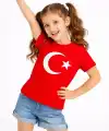 Kız Çocuk Tişört Bisiklet Yaka Ay Yıldız Bayrak Baskılı T-Shirt - Kırmızı