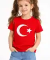Kız Çocuk Tişört Bisiklet Yaka Ay Yıldız Bayrak Baskılı T-Shirt - Kırmızı