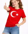 Kız Çocuk Tişört Bisiklet Yaka Ay Yıldız Bayrak Baskılı T-Shirt - Kırmızı