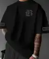 LB Ön Arka Baskılı Oversize Bisiklet Yaka Yazlık T-shirt - Siyah