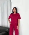 Osy Modal Yumuşak Dokulu Kumaş Bisiklet Yaka T-shirt Bol paça Pantalon ikili Takım -Bordo
