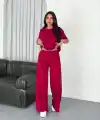 Osy Modal Yumuşak Dokulu Kumaş Bisiklet Yaka T-shirt Bol paça Pantalon ikili Takım -Bordo