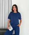 Osy Modal Yumuşak Dokulu Kumaş Bisiklet Yaka T-shirt Bol paça Pantalon ikili Takım -Saks Mavi