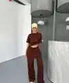 Osy Modal Yumuşak Dokulu Kumaş Kısa Kollu Bluz Rahat Pantalon ikili Takım- Kahverengi