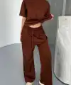 Osy Modal Yumuşak Dokulu Kumaş Kısa Kollu Bluz Rahat Pantalon ikili Takım- Kahverengi