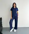 Osy Modal Yumuşak Dokulu Kumaş Kısa Kollu Yakalı T-shirt Pantalon ikili Takım- Lacivert