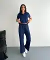 Osy Modal Yumuşak Dokulu Kumaş Kısa Kollu Yakalı T-shirt Pantalon ikili Takım- Lacivert