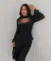 Penye Uzun Kollu Kadın Kolları Şifon Göğüste İnci Boncuk detaylı Bluz - Siyah