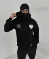 Samuray Ninja Çift Kapşonlu ZIP Fermuarlı Kanguru Çepli Tam Fermuarlı Hoodie ön ve Arka Baskılı Maske Detaylı Swetshirt - Siyah