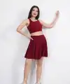 Sendy Kumaş Bisiklet Yaka Crop Şortlu Etek ikili Takım - Bordo