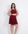 Sendy Kumaş Bisiklet Yaka Crop Şortlu Etek ikili Takım - Bordo