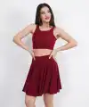 Sendy Kumaş Bisiklet Yaka Crop Şortlu Etek ikili Takım - Bordo