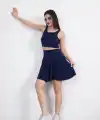 Sendy Kumaş Bisiklet Yaka Crop Şortlu Etek ikili Takım - Lacivert