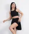 Sendy Kumaş Bisiklet Yaka Crop Şortlu Etek ikili Takım - Siyah