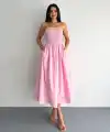 Straplez Pileli Elbise - Pembe