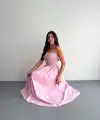 Straplez Pileli Elbise - Pembe