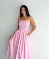 Straplez Pileli Elbise - Pembe