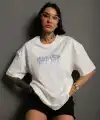 Unisex Bisiklet Yaka Baskılı Oversize T-Shirt - Beyaz