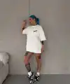 Unisex Bisiklet Yaka Baskılı Oversize T-Shirt - Beyaz