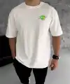 Unisex Bisiklet Yaka Baskılı Oversize T-Shirt - Beyaz