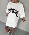 Unisex Bisiklet Yaka Baskılı Oversize T-Shirt - Beyaz
