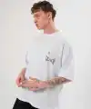 Unisex Bisiklet Yaka Baskılı Oversize T-Shirt - Beyaz