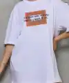 Unisex Bisiklet Yaka Baskılı Oversize T-Shirt - Beyaz