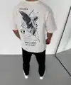 Unisex Bisiklet Yaka Baskılı Oversize T-Shirt - Beyaz