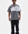 Unisex Bisiklet Yaka Baskılı Oversize T-Shirt - Gri
