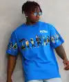 Unisex Bisiklet Yaka Baskılı Oversize T-Shirt - Mavi