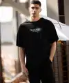 Unisex Bisiklet Yaka Baskılı Oversize T-Shirt - Siyah