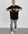 Unisex Bisiklet Yaka Baskılı Oversize T-Shirt - Siyah