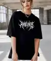 Unisex Bisiklet Yaka Baskılı Oversize T-Shirt - Siyah