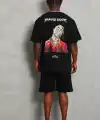 Unisex Oversize Baskılı Bisiklet Yaka T-Shirt - Siyah