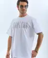 Unisex Oversize Taşlı Bisiklet Yaka T-Shirt - Beyaz
