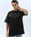 Unisex Oversize Taşlı Bisiklet Yaka T-Shirt - Siyah