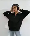 Unisex Uzun Kol Yarım Farmuarlı Yakalı Basic SweatShirt - Siyah