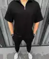 Unisex Yarım Fermuarlı Basic T-Shirt - Siyah
