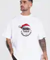 Yılbaşı Gözlüklü Noel Baba Baskılı Kısa Kollu Oversize Bisiklet Yaka T-shirt - Beyaz