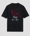 Yılbaşı Happy New Year Baskılı Kısa Kollu Oversize Bisiklet Yaka T-shirt - Siyah