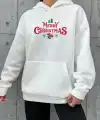 Yılbaşı Merry Christmas Baskılı Oversize Kapüşonlu Sweatshirt Hoodie - Beyaz