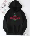 Yılbaşı Merry Christmas Baskılı Oversize Kapüşonlu Sweatshirt Hoodie - Siyah
