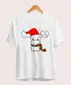 Yılbaşı Noel Ren Geyiği Baskılı Kısa Kollu Oversize Bisiklet Yaka T-shirt - Beyaz
