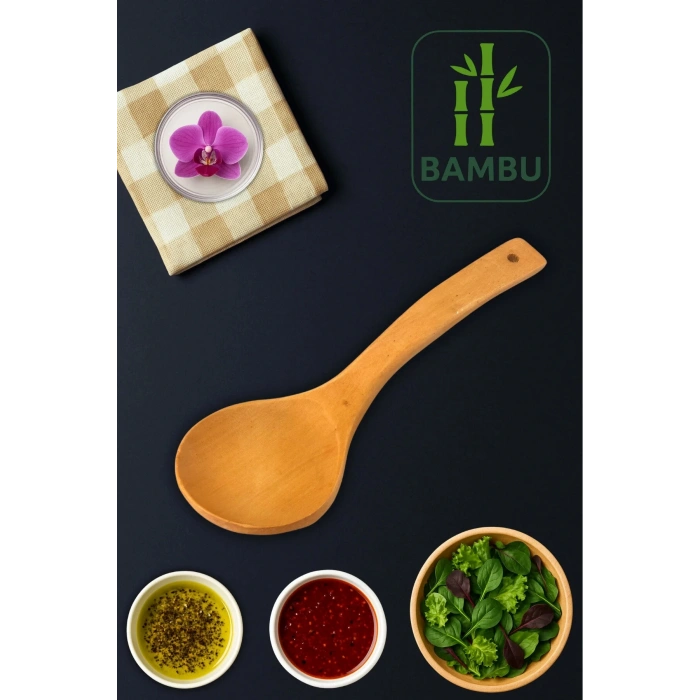 Bambu Eğri Büyük Kaşık - Delikli, Ergonomik, Çizmez Ahşap Kaşık 1 Adet 26cm