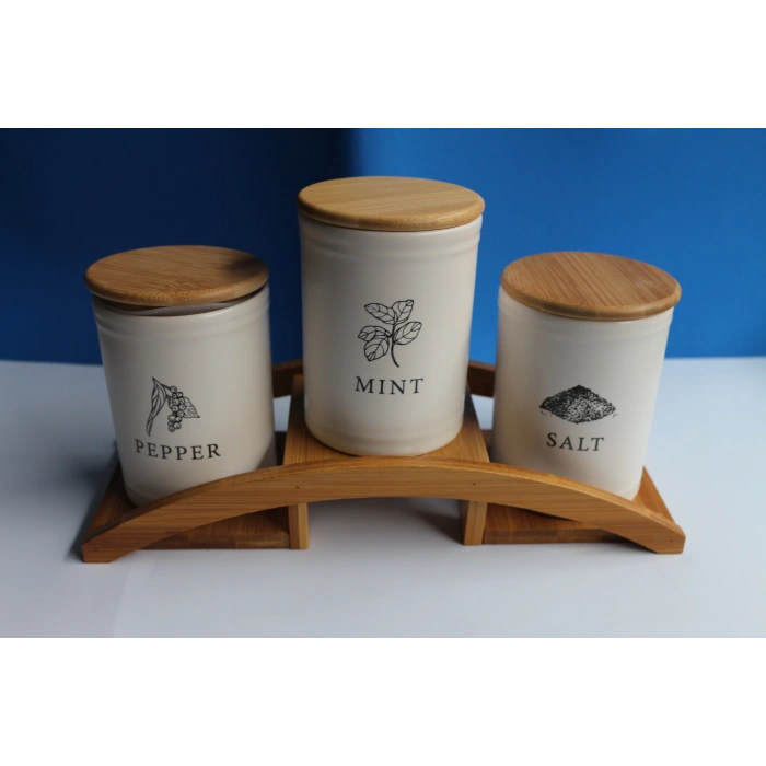 Bambu Köprü Standlı 3lü Baharatlık Seti