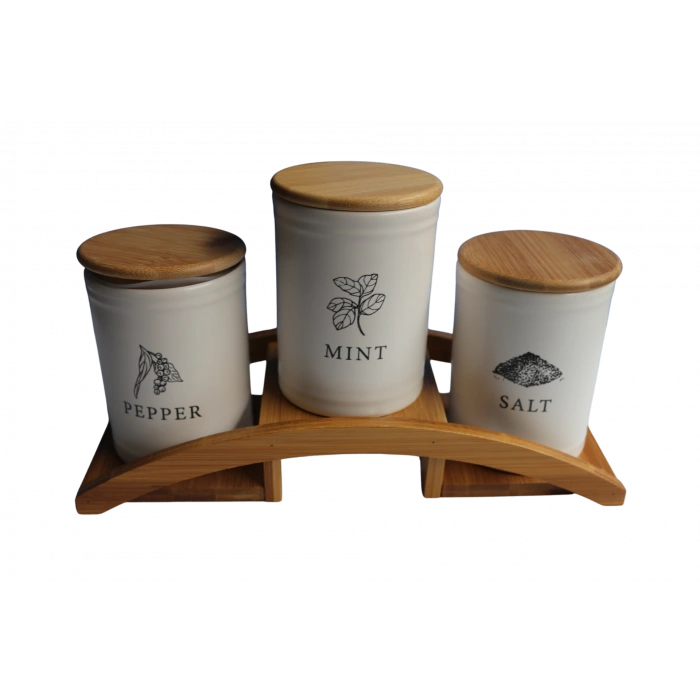 Bambu Köprü Standlı 3lü Baharatlık Seti